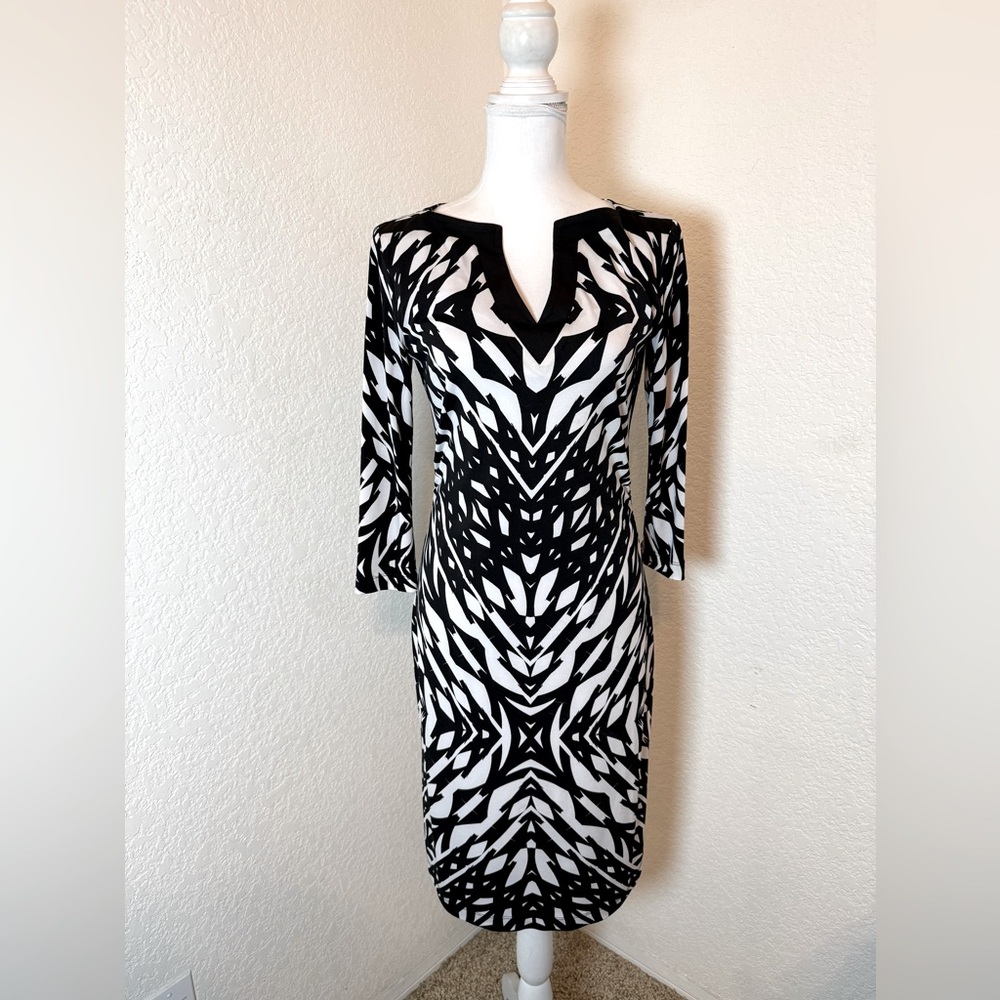 Boston Proper Black & White Print 3/4 Sleeve Body Con‎ Dress 8